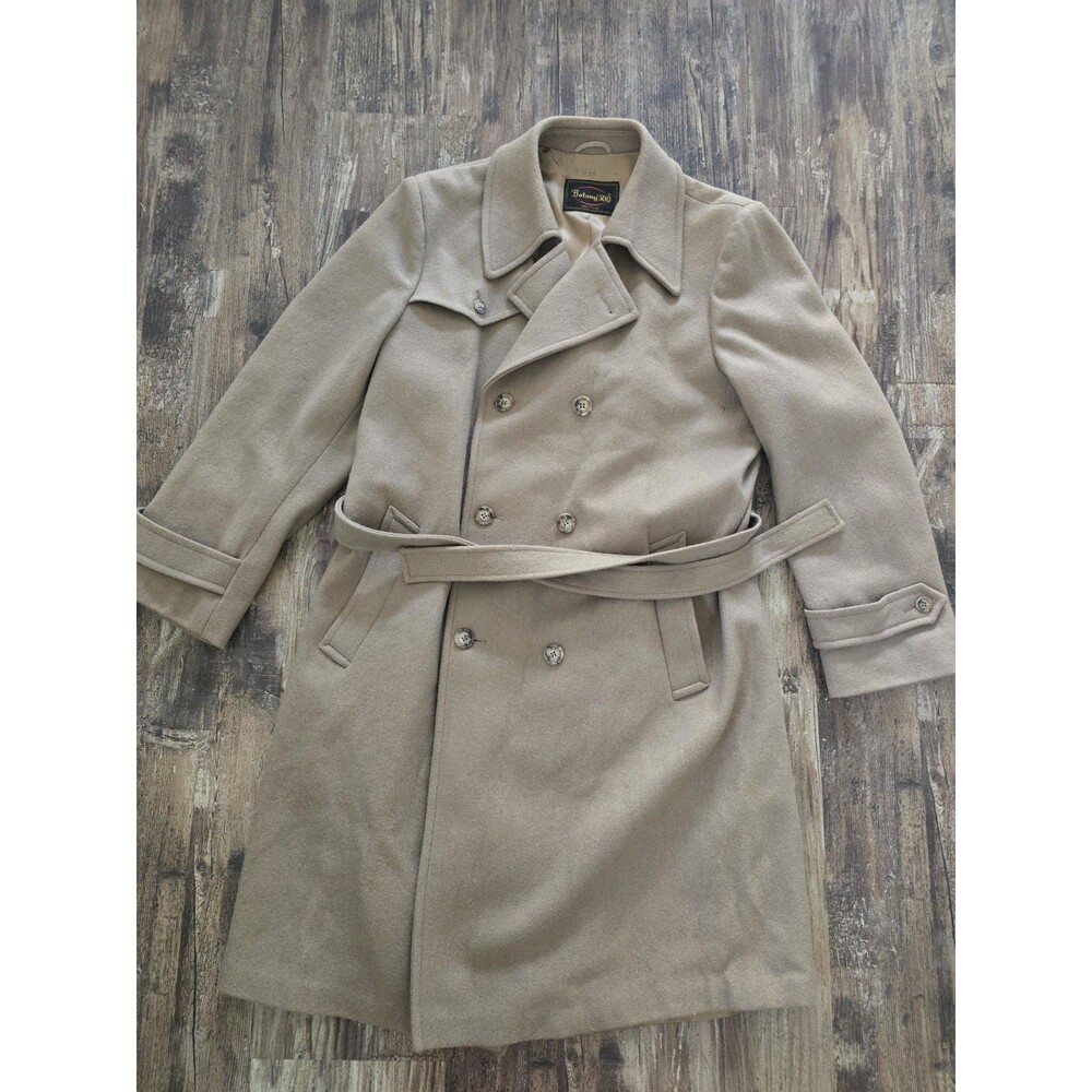 Botany 500 Men's Tan Wool Double Breasted Overcoat Trench Style Size 42 Long...